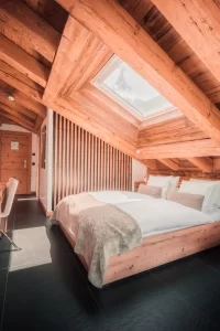 Doppelzimmer Panorama Cosy Room mit Holzbalken, Bett unter Dachfenster, Schreibtisch, TV und Lounge-Sessel.